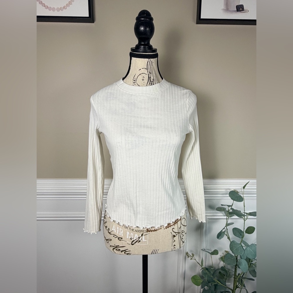 Cat & Jack Girls Cream Rib-Knit Long Sleeve Top Lettuce Edge Large 10-12